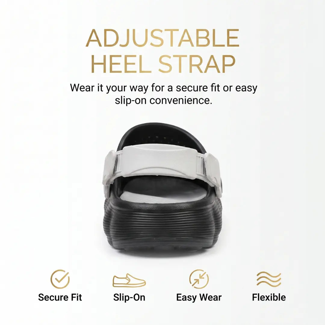 JunctionSole clog adjustable heel strap secure fit slip-on infographic