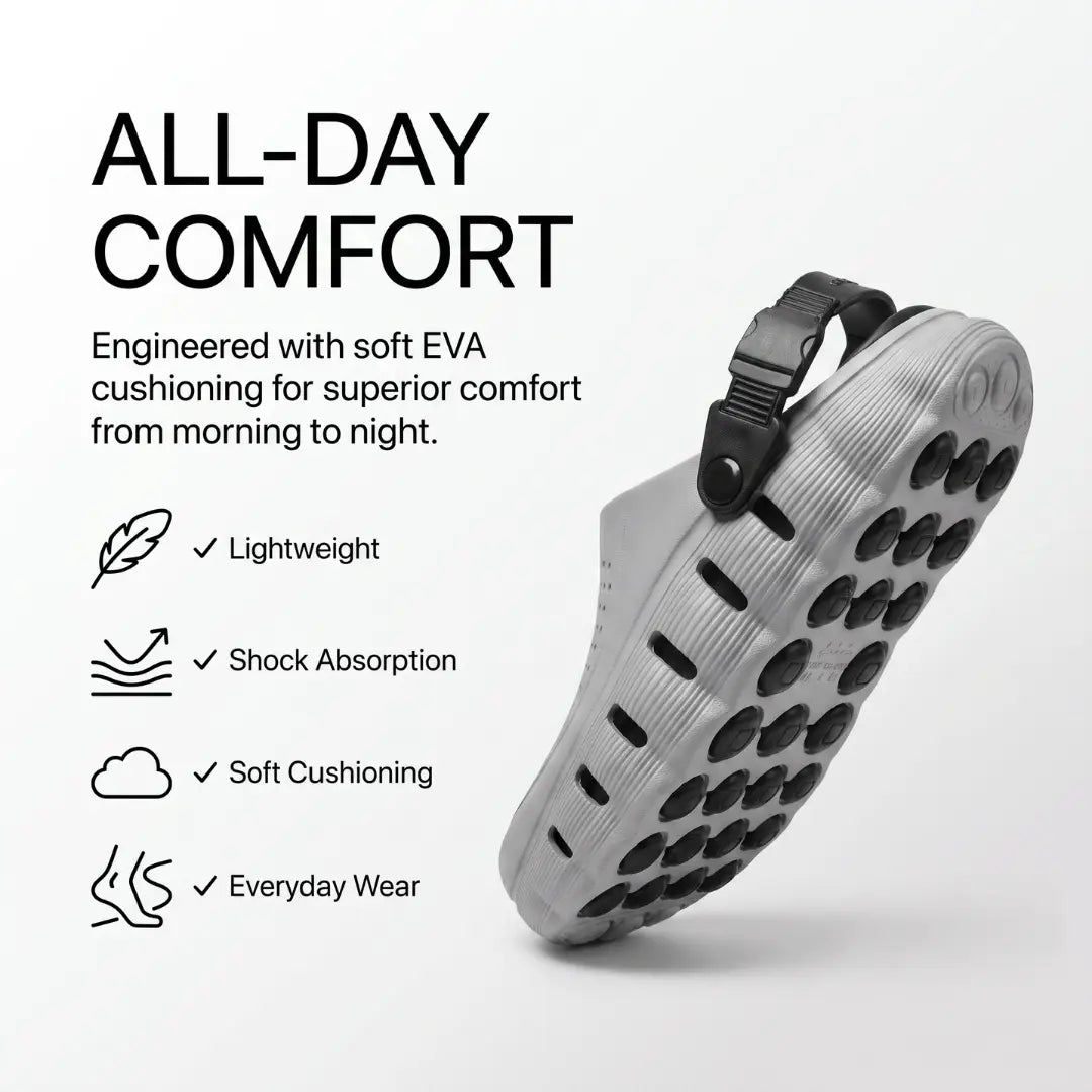 JunctionSole clog all-day comfort lightweight EVA cushioning infographic