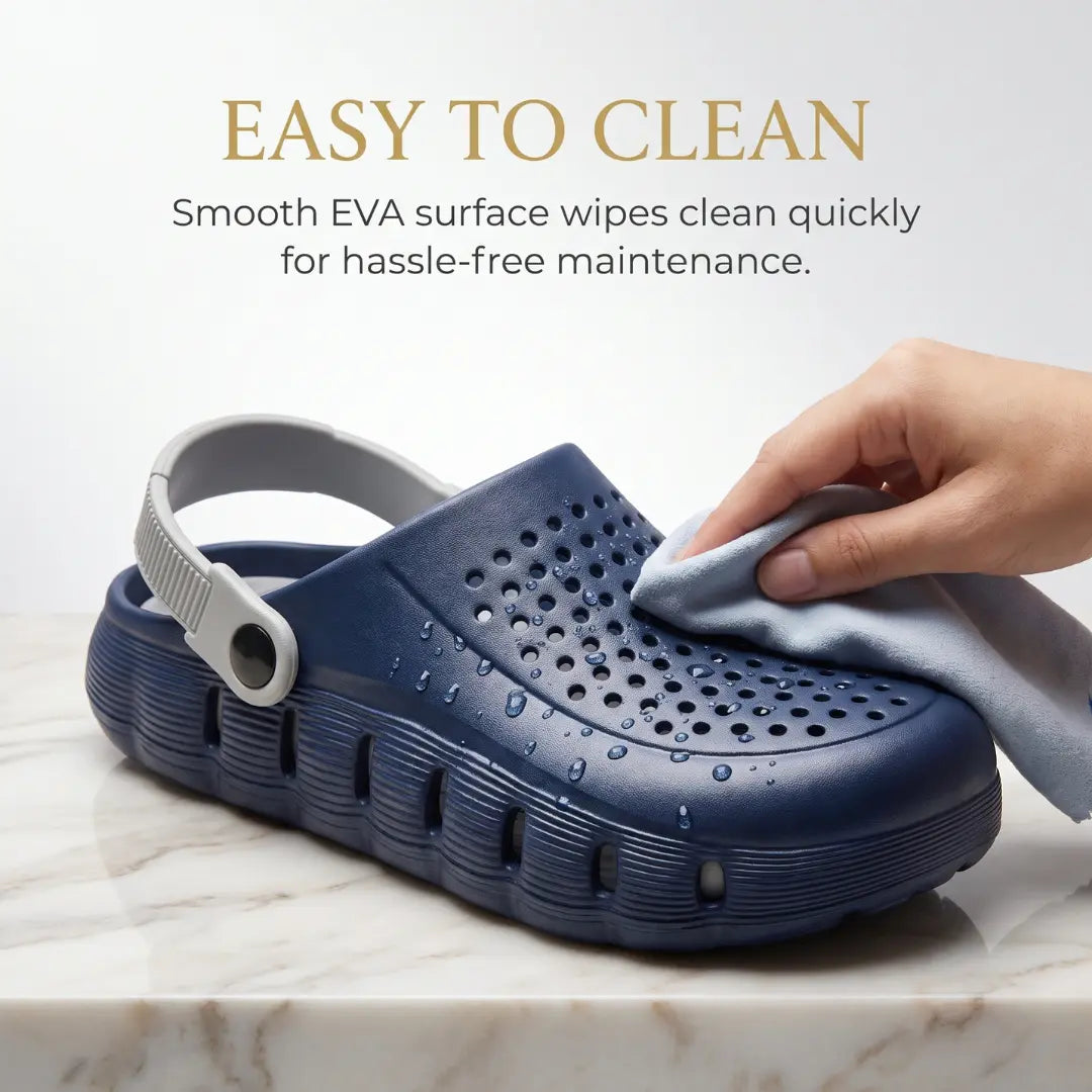 JunctionSole navy clog easy to clean EVA surface infographic with water drops