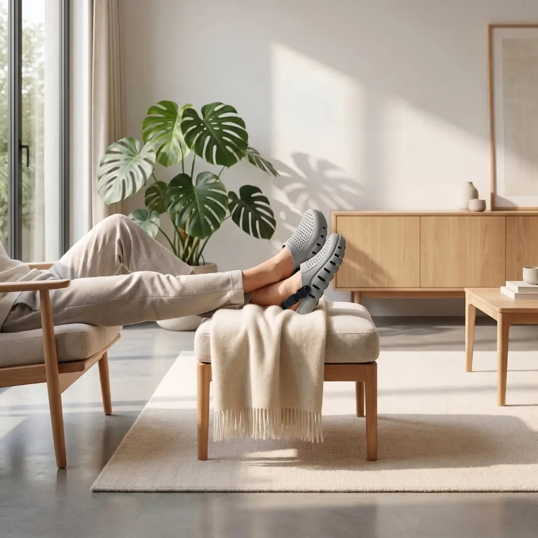 Person relaxing at home wearing grey JunctionSole comfort clogs on ottoman