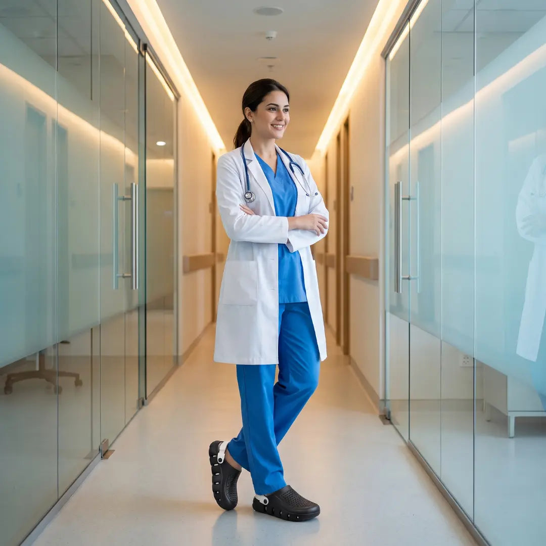 Doctor wearing black JunctionSole comfort clogs in hospital hallway Pakistan