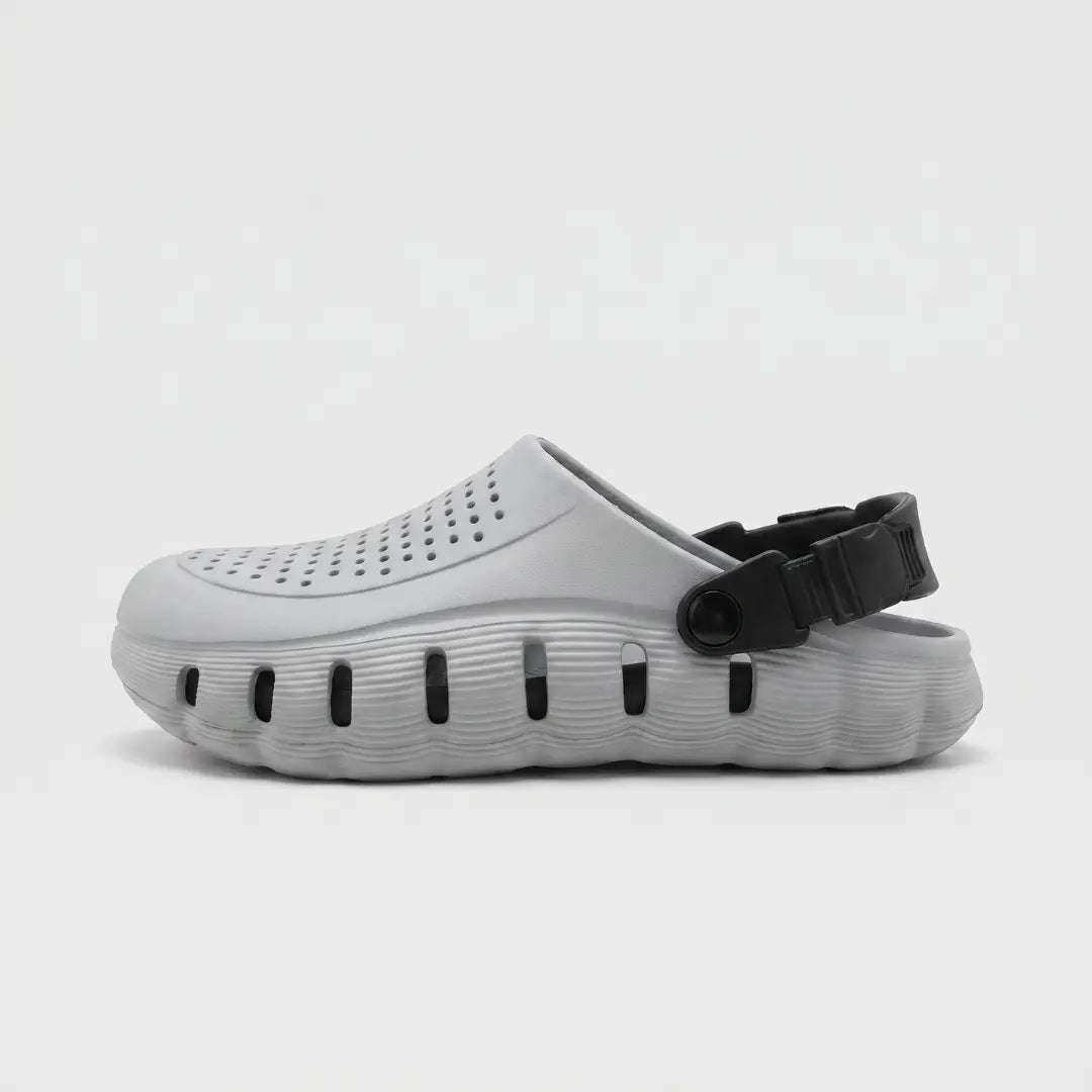 JunctionSole grey lightweight EVA clog side profile with adjustable strap