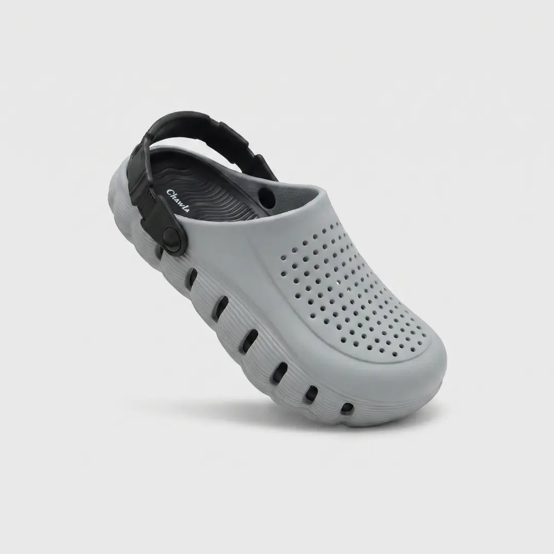 JunctionSole grey EVA clog angled view showing breathable holes and heel strap
