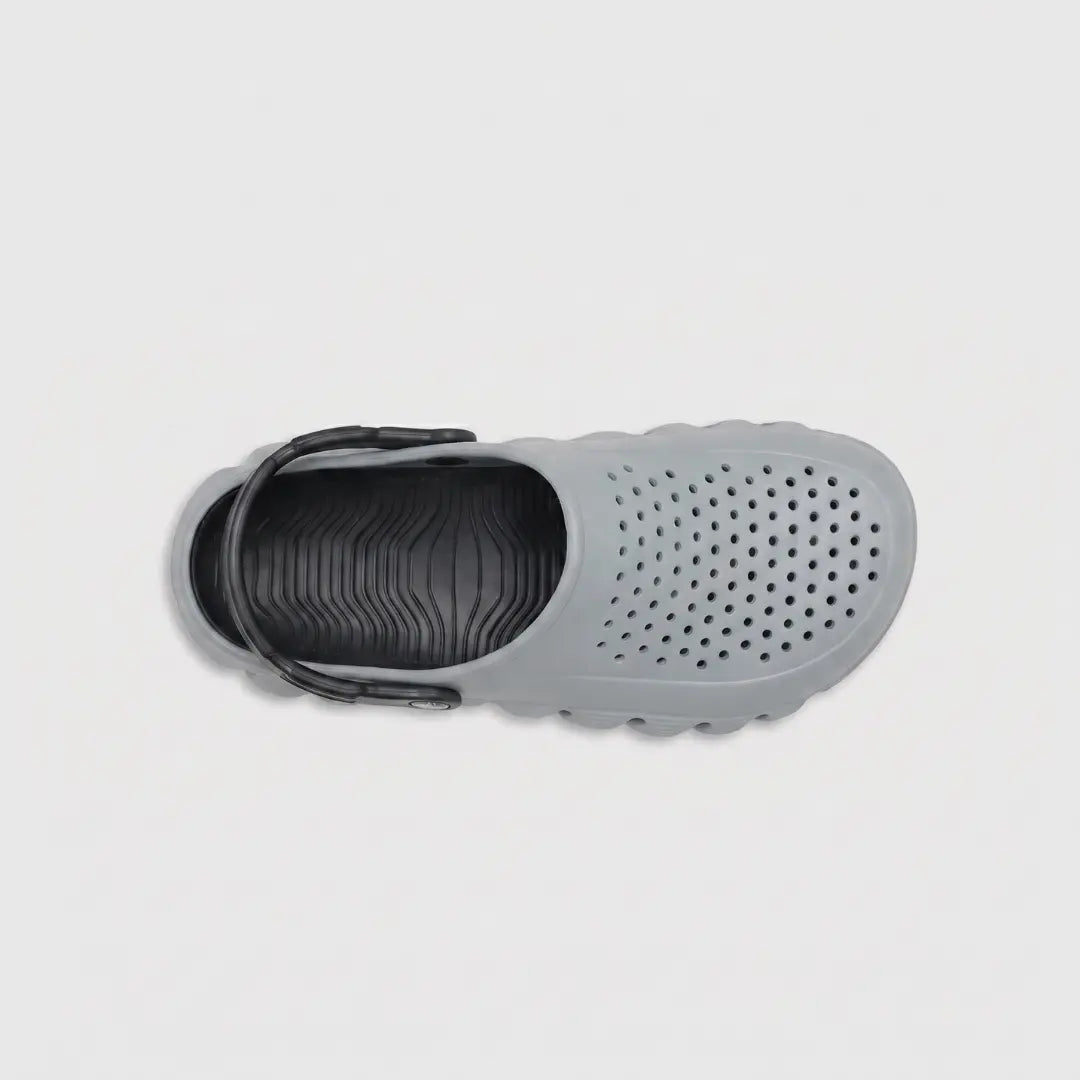 JunctionSole grey EVA clog top view showing breathable holes and heel strap