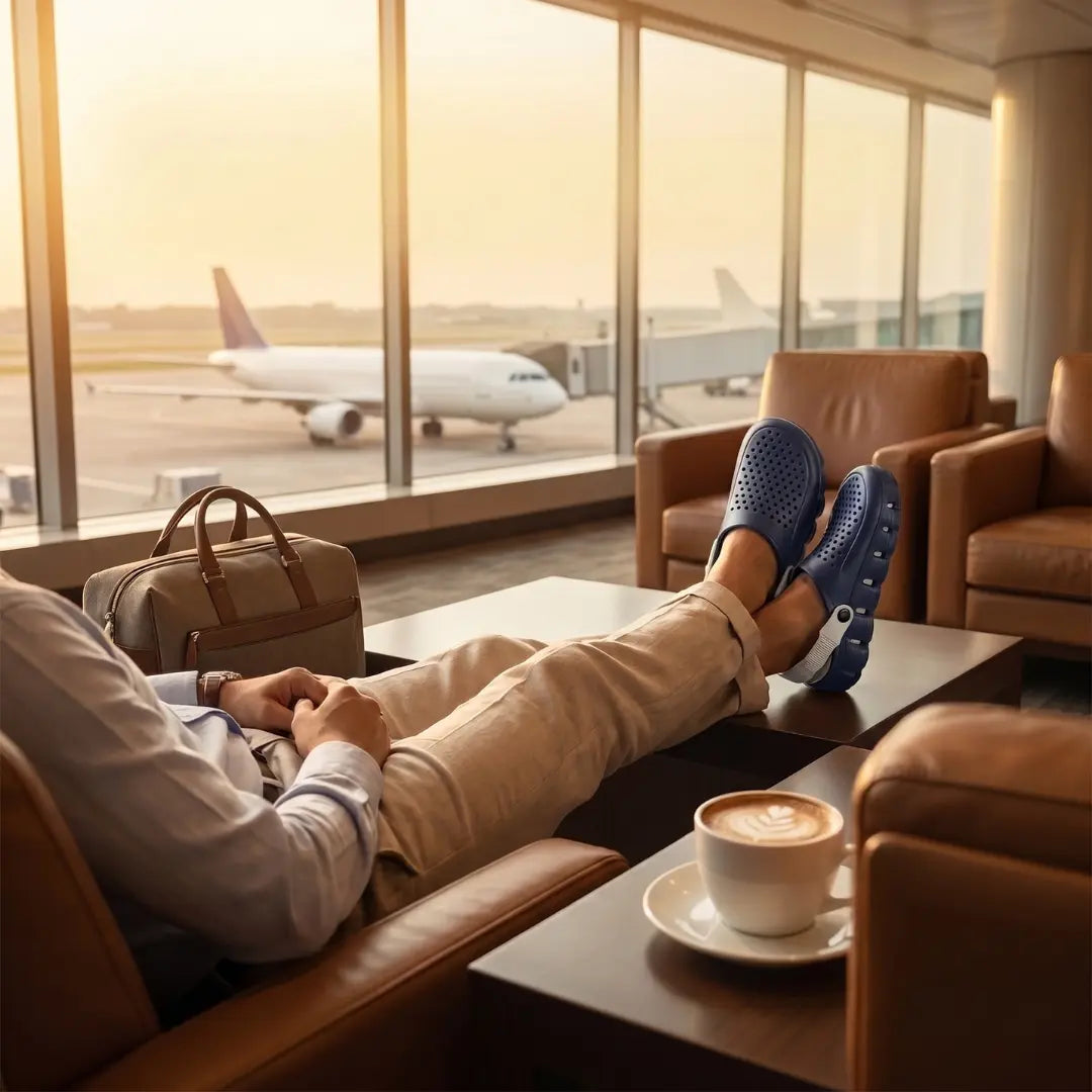 Man relaxing in navy blue JunctionSole comfort clogs at airport lounge Pakistan
