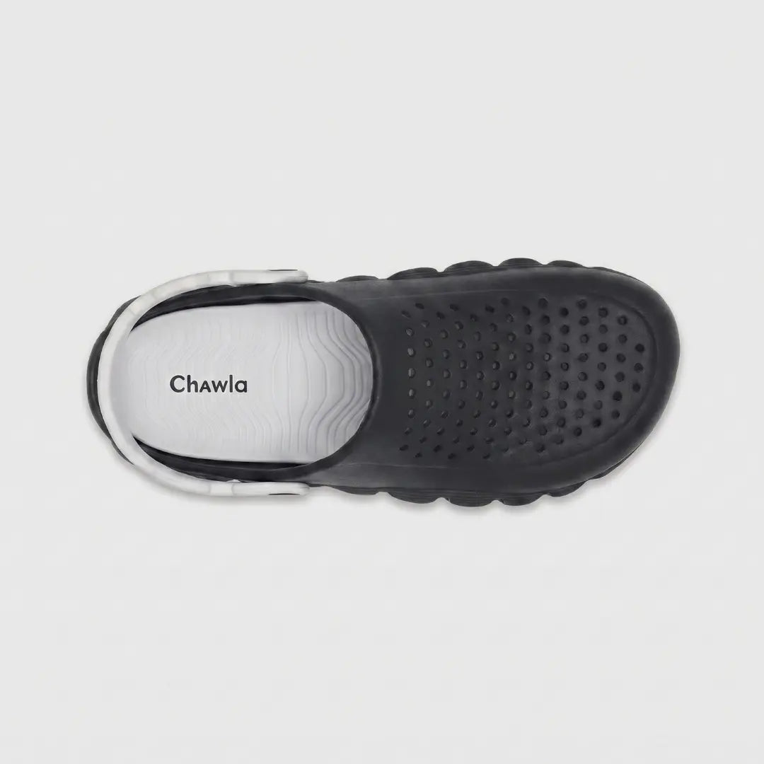 JunctionSole black clog top view with white cushioned insole and breathable holes