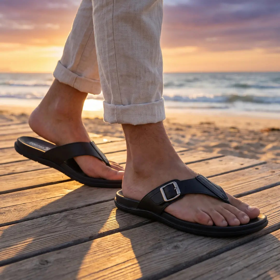 A person standing on a wooden boardwalk by the beach at sunset, wearing black thong sandals with a silver buckle and light beige rolled-up pants.