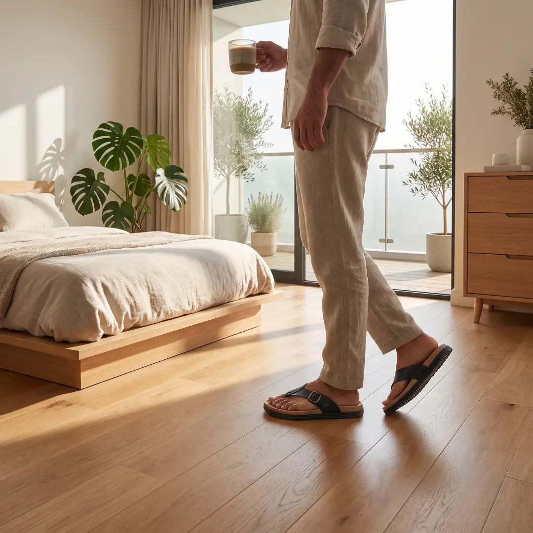Man wearing Junction Sole black comfort slippers indoors in a bedroom setting, ideal for relaxed everyday home comfort.