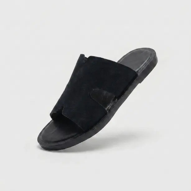 Junction Sole men's black suede slides with cutout strap design and cushioned sole, lightweight comfort slippers for everyday use.