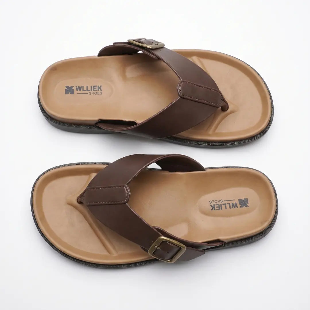 Pair of Junction Sole men's brown comfort walking slippers viewed from above, featuring soft cushioned footbed and adjustable brass buckle.