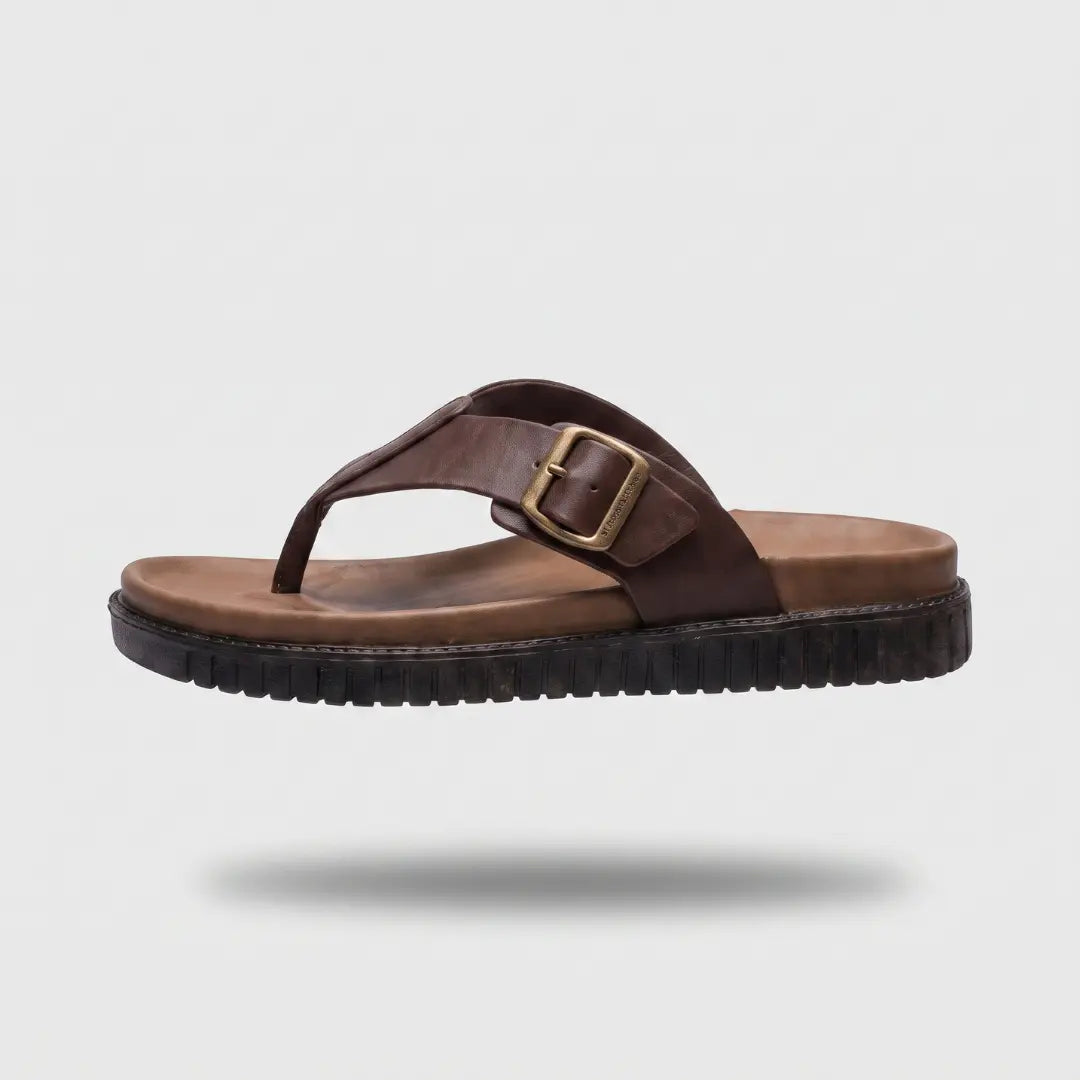 Junction Sole men's brown comfort walking slippers with adjustable brass buckle, soft EVA cushioning and anti-slip sole, ideal for daily wear in Pakistan.