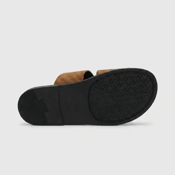 Junction Sole men's brown comfort slides bottom view showing diamond-pattern anti-slip outsole built for long-lasting daily wear.
