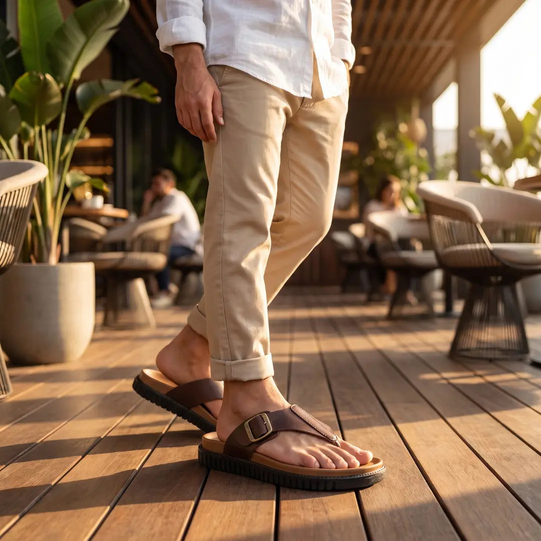 Man wearing Junction Sole brown comfort walking slippers on a wooden cafe deck, highlighting casual all-day comfort and style.