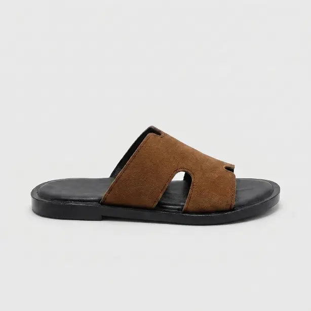 Junction Sole men's brown suede comfort slides side view, showing soft cushioned sole and flexible design for daily walking comfort.