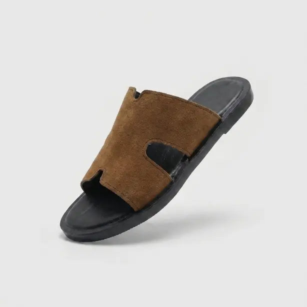 Junction Sole men's brown suede comfort slides with cutout H-strap design and lightweight sole, perfect for everyday comfort in Pakistan.