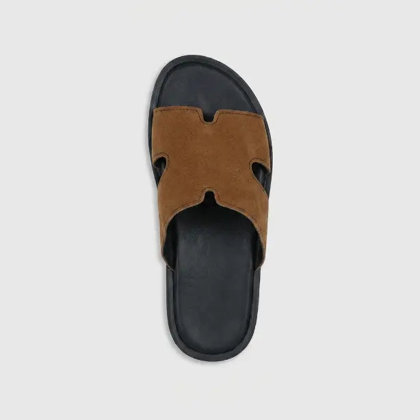 Junction Sole men's brown suede comfort slides shown from above with soft cushioned footbed, ideal for daily indoor and outdoor wear.