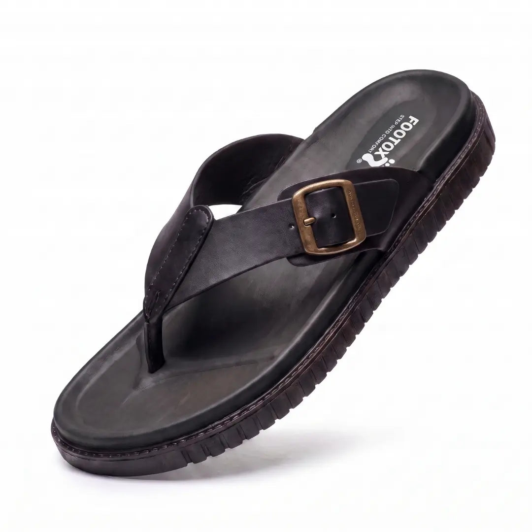 Junction Sole men's full black comfort slides with matte finish, adjustable buckle and cushioned sole, built for everyday walking comfort.