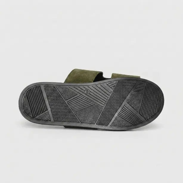 Junction Sole men's olive suede comfort slides showing anti-slip geometric tread outsole for durable everyday performance.