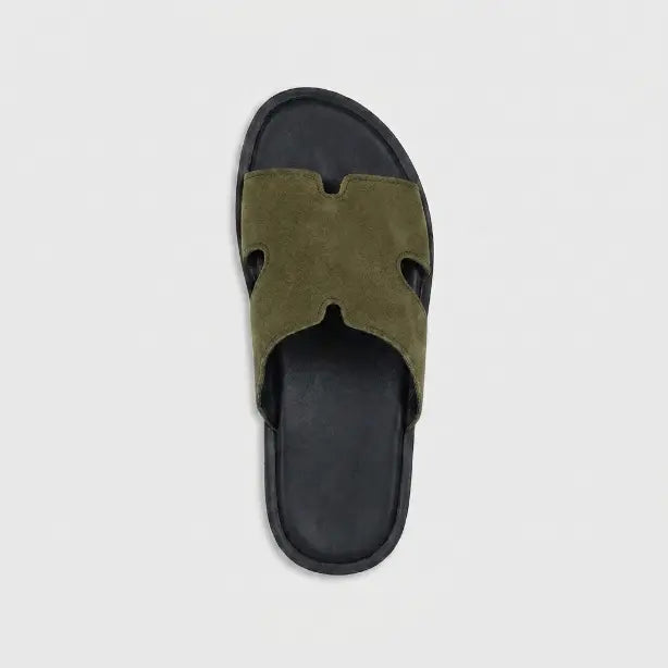Junction Sole men's olive green suede comfort slides viewed from above with cushioned footbed and cutout strap design.