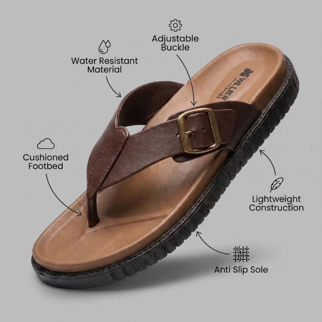 Junction Sole comfort walking slippers infographic highlighting cushioned footbed, adjustable buckle, lightweight build and anti-slip sole.