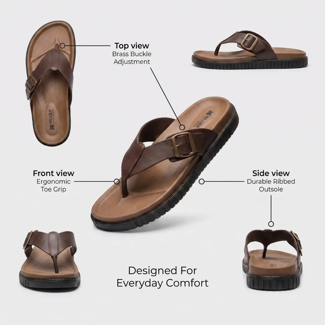 A collage showing multiple views of a brown thong sandal with callout lines and text labels for top view brass buckle adjustment, front view ergonomic toe grip, side view durable ribbed outsole, and designed for everyday comfort, on a light gray background.