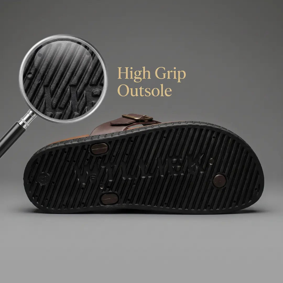 Close-up of Junction Sole comfort slippers' ribbed rubber outsole, engineered for high grip and anti-slip performance on wet or dry surfaces.