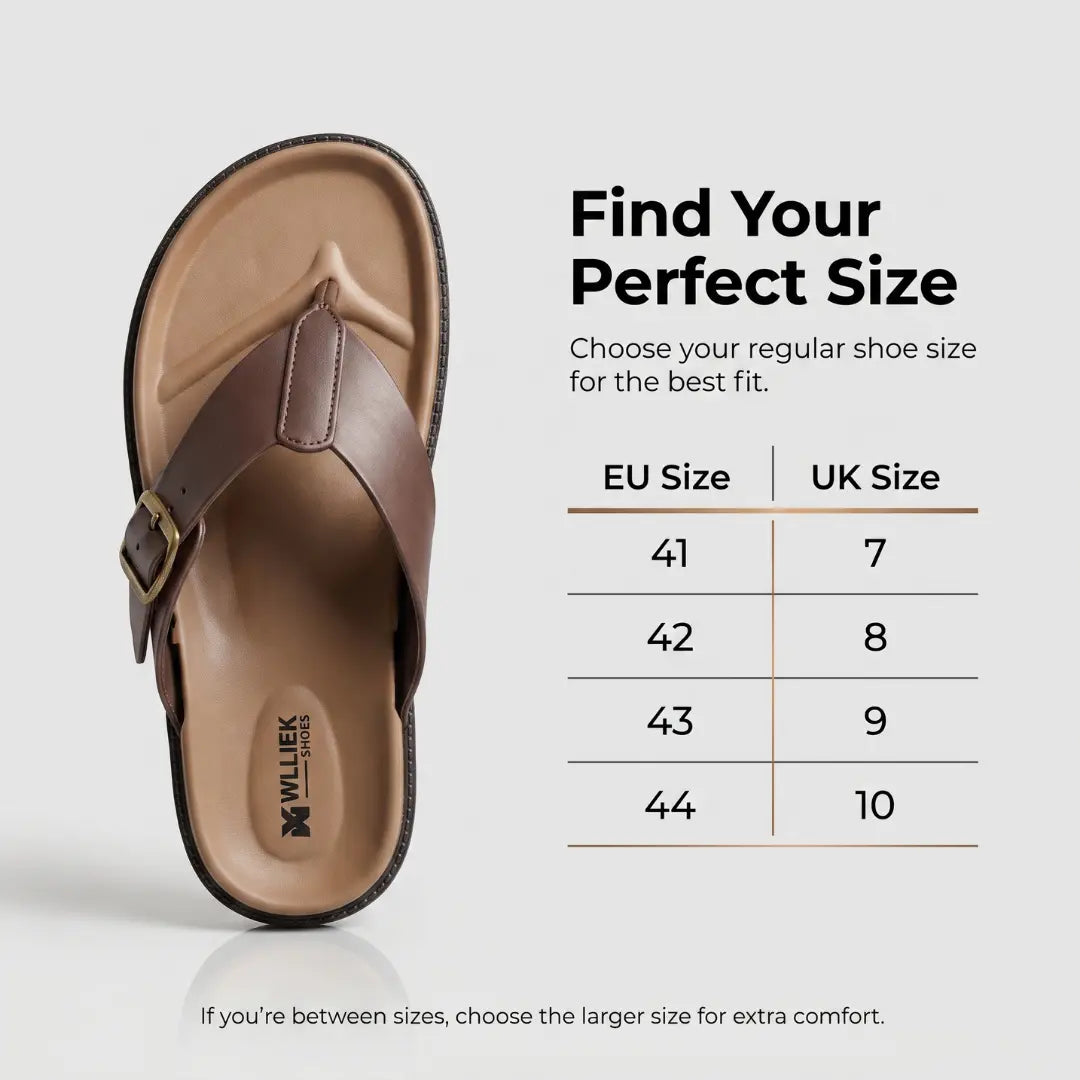 Junction Sole comfort slippers size guide showing EU sizes 41–44 and UK sizes 7–10 for finding the perfect fit.