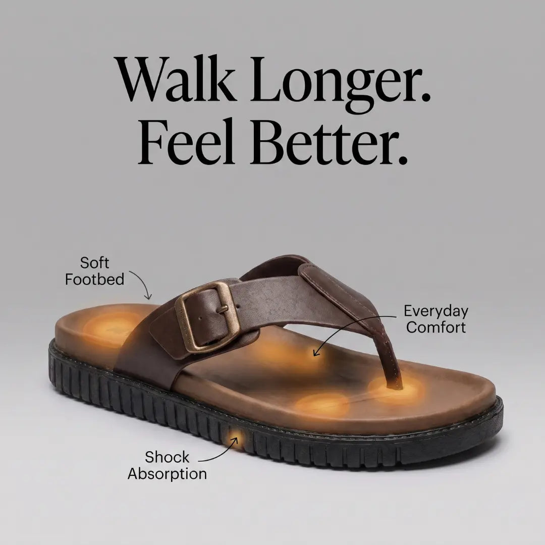 A brown thong sandal with glowing warm light panels in the footbed and sole, shown on a light gray background with marketing text and callout labels reading 'Walk Longer. Feel Better.