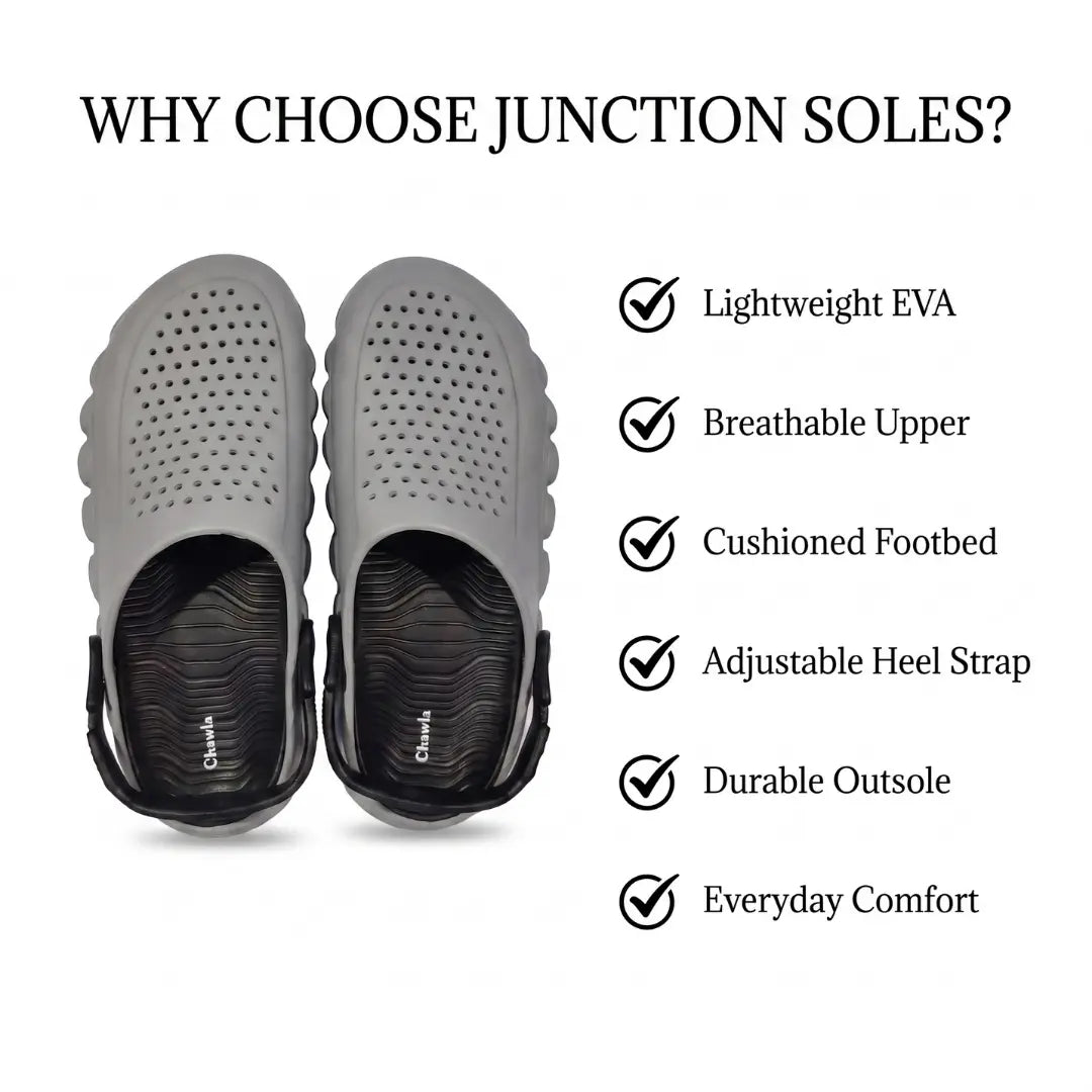 Why choose JunctionSole clogs - lightweight EVA breathable durable comfort benefits infographic